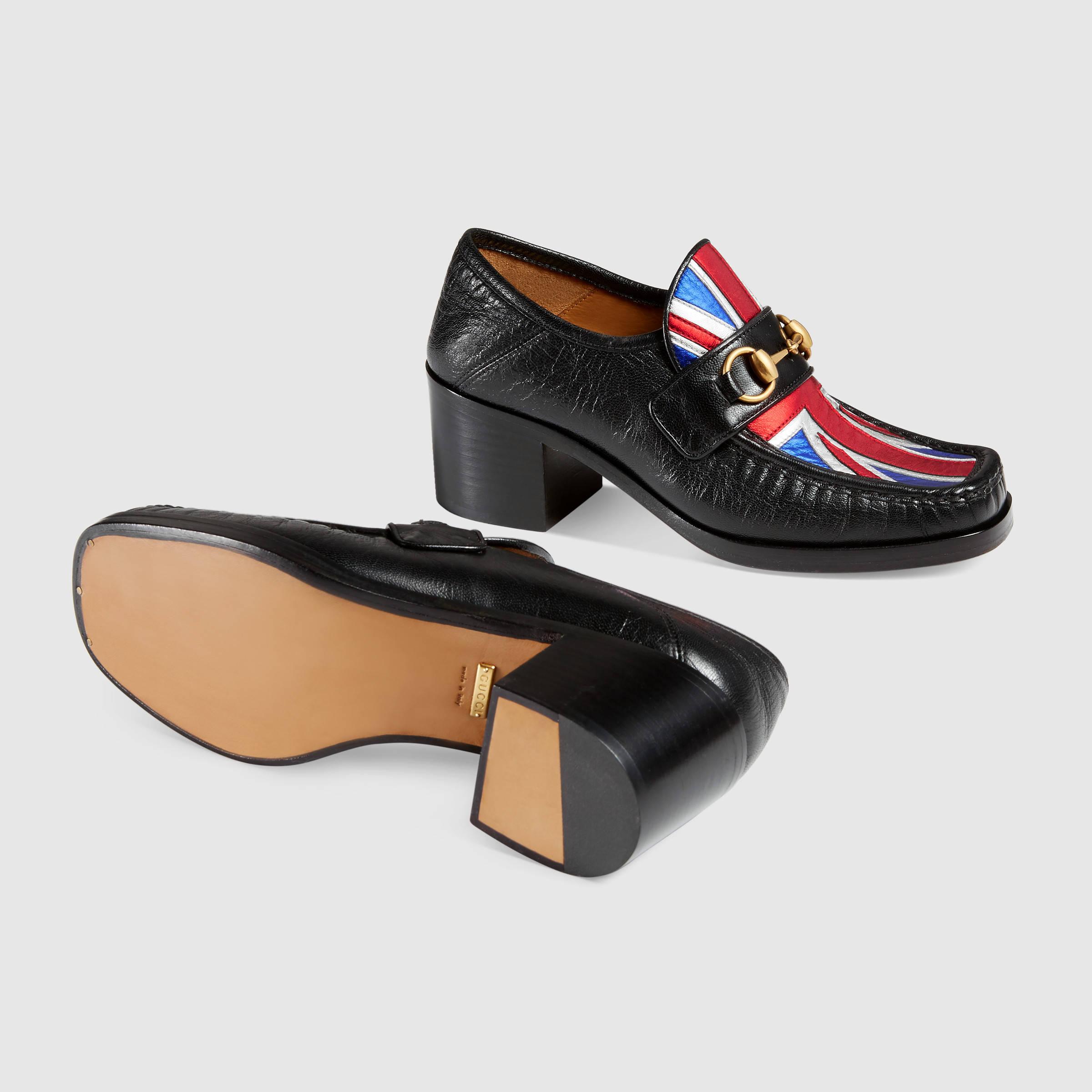 靴 Gucci Union Jack Horsebit Loafer Heels Gucci Horsebit Quentin Union Jack British Flag BlackRunway